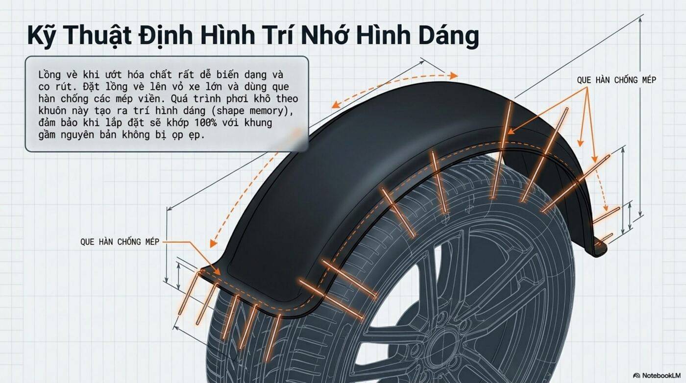 Định hình lòng vè bằng que chống mép khi phơi khô để lắp lại khớp khung gầm nguyên bản