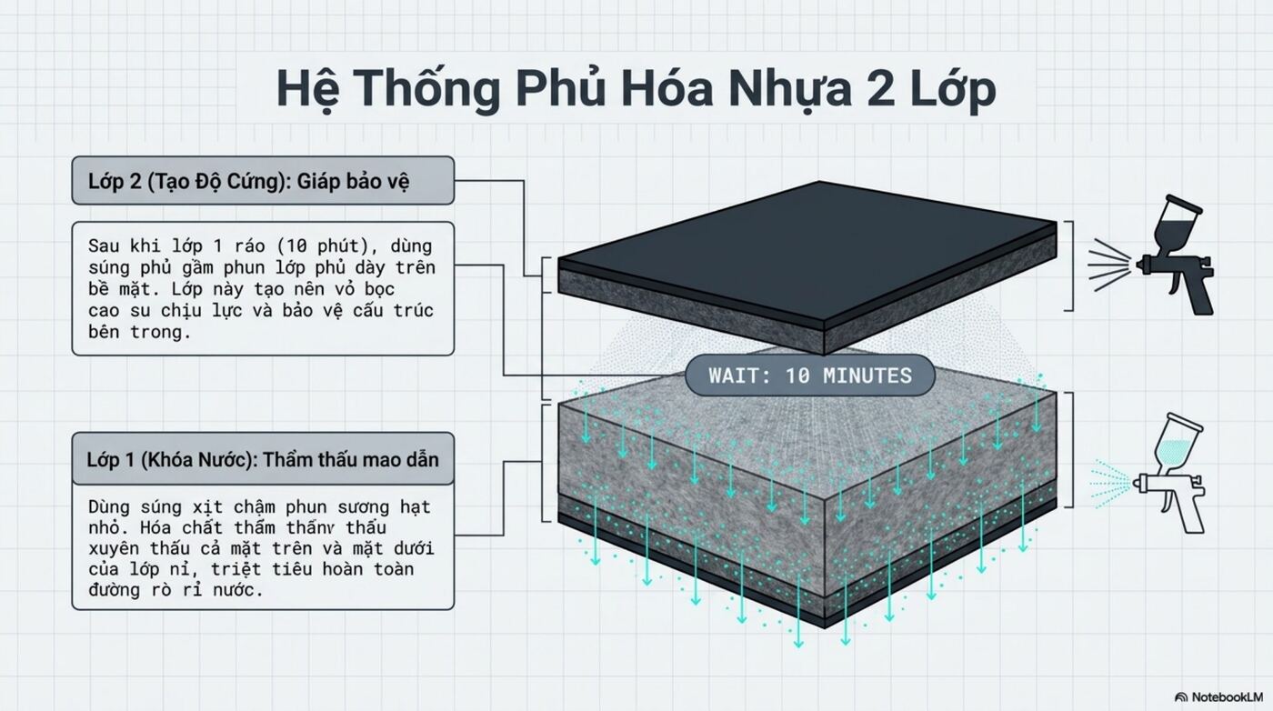 Hệ thống phủ hoá nhựa 2 lớp cho lòng vè nỉ: lớp trong thẩm thấu khoá nước, lớp ngoài tạo giáp chịu lực