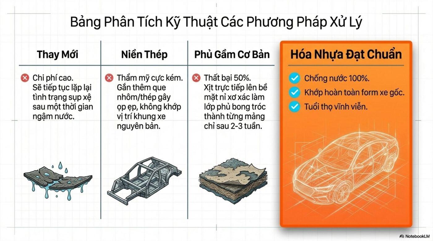 So sánh bốn cách xử lý lòng vè nỉ sụp xệ: thay mới, niền thép, phủ gầm cơ bản và hoá nhựa đạt chuẩn
