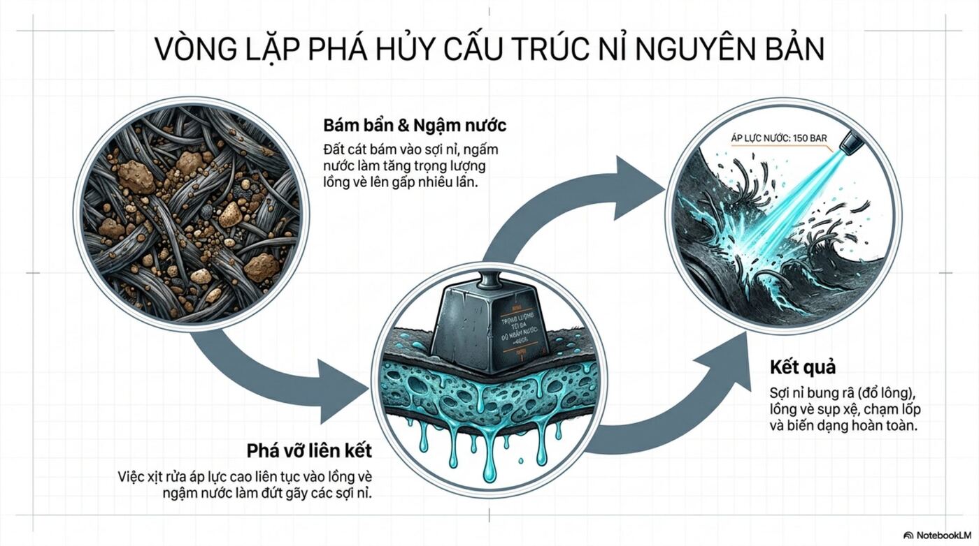Vòng lặp phá huỷ sợi nỉ lòng vè: bám bẩn, ngậm nước, xịt áp lực cao làm đứt sợi rồi sụp xệ